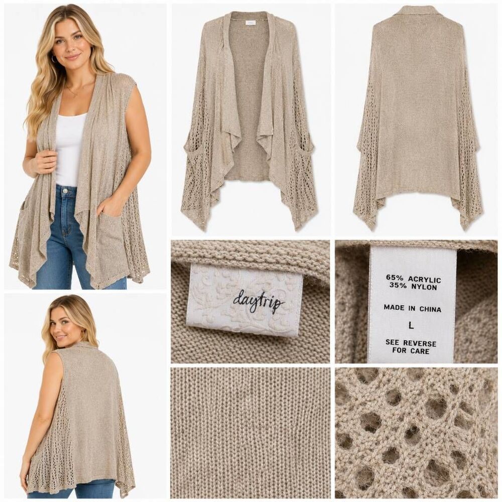 Daytrip L Beige Open Knit Long Cardigan